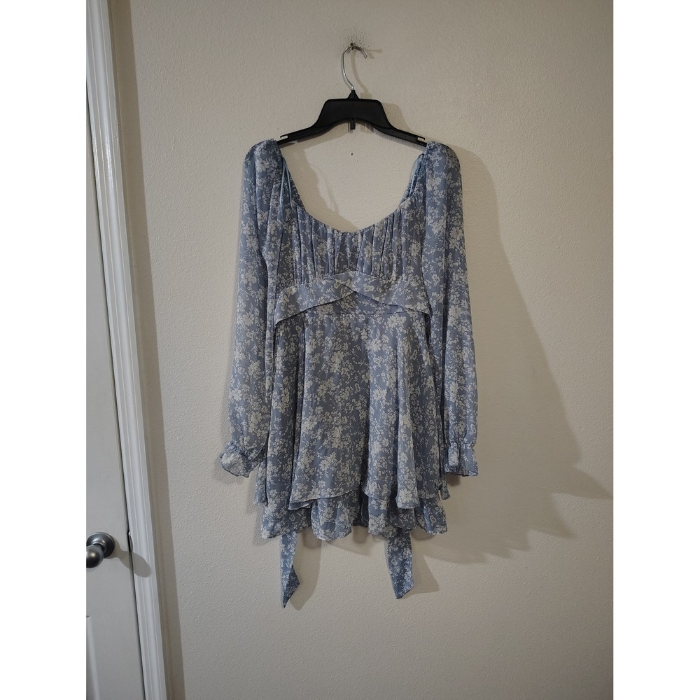 Allison + Kelly Blue Floral Tiered Mini Dress Long Sleeve Cottagecore Large